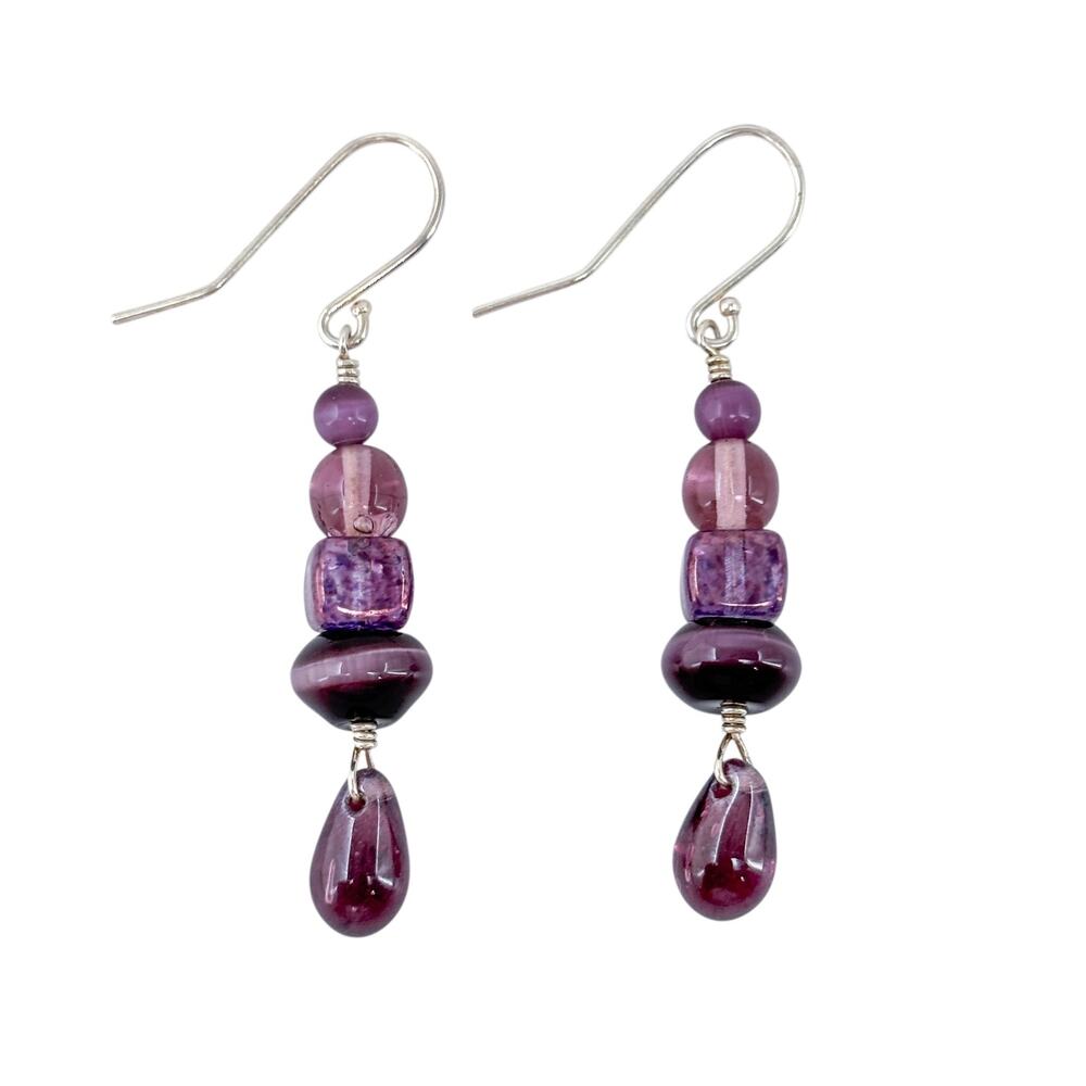 Vintage Sterling Silver 925 Beaded Purple Glass Dangle Earrings